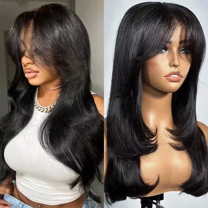 Layered Straight Curtain Bang Wig Ready Go Glueless 13x4 Lace Wig With Pre Bleached& Pre Cut 3 Layered Straight Curtain Bang Wig Ready Go Glueless 13x4 Lace Wig With Pre Bleached& Pre Cut