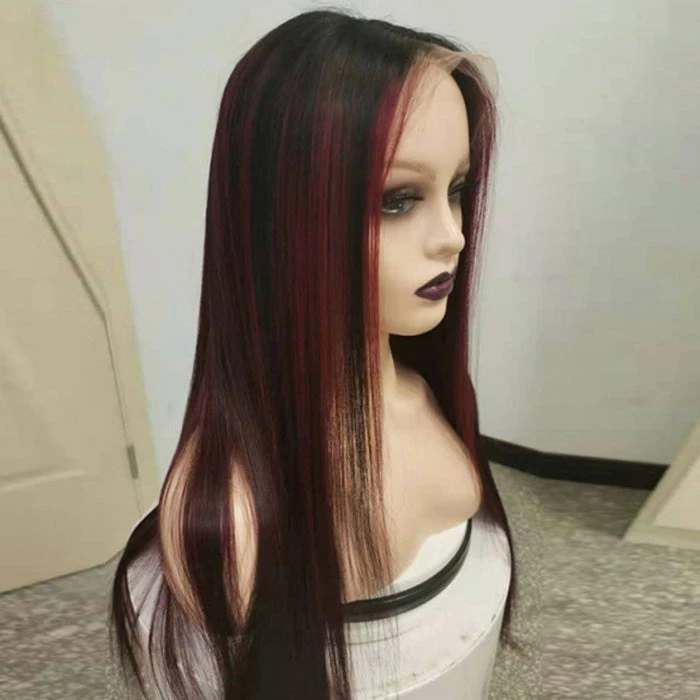 Black Wig With 99J Burgundy Highlight Mixed Colored 13*4/5x5 HD Lace Front Wigs Money Piece Hair 6 Black Wig With 99J Burgundy Highlight Mixed Colored 13*4/5x5 HD Lace Front Wigs Money Piece Hair - Image 4