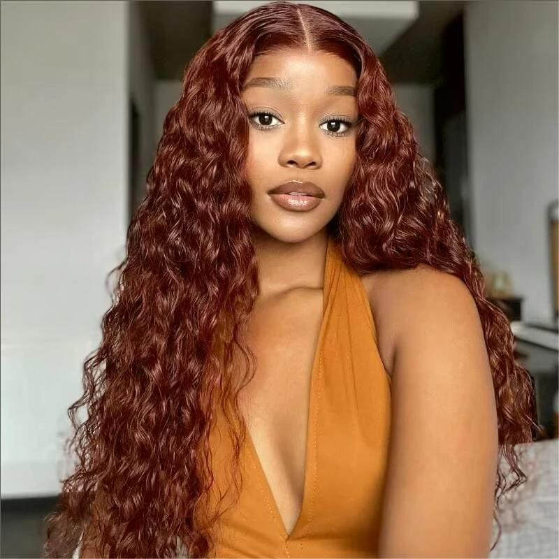 #33 Reddish Brown Color Water Wave 13x4 13x6 HD Lace Front Wigs Human Hair Pre Plucked 3 #33 Reddish Brown Color Water Wave 13x4 13x6 HD Lace Front Wigs Human Hair Pre Plucked