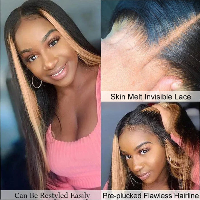 Skunk Stripe Wig With Honey Blonde Highlights Straight Hair HD Lace Front Wigs With Streaks In Front 4 Skunk Stripe Wig With Honey Blonde Highlights Straight Hair HD Lace Front Wigs With Streaks In Front - Image 2