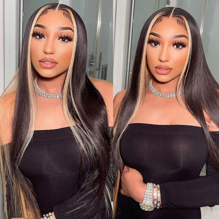Skunk Stripe Wig With Honey Blonde Highlights Straight Hair HD Lace Front Wigs With Streaks In Front 3 Skunk Stripe Wig With Honey Blonde Highlights Straight Hair HD Lace Front Wigs With Streaks In Front