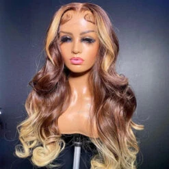 T4/27 Ombre Wigs with Blonde Skunk Stripe Body Wave 13*4/4*4 Lace Front Wig Ombre Blonde Highlight Human Hair Wigs