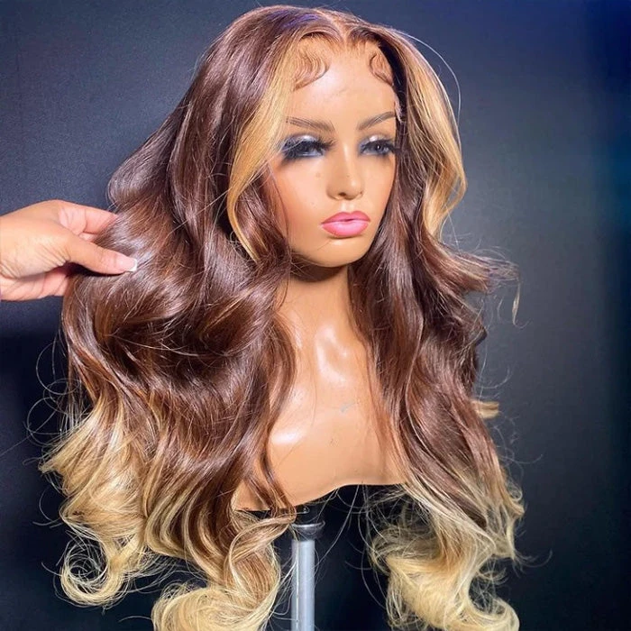 T4/27 Ombre Wigs with Blonde Skunk Stripe Body Wave 13*4/4*4 Lace Front Wig Ombre Blonde Highlight Human Hair Wigs 6 T4/27 Ombre Wigs with Blonde Skunk Stripe Body Wave 13*4/4*4 Lace Front Wig Ombre Blonde Highlight Human Hair Wigs - Image 4