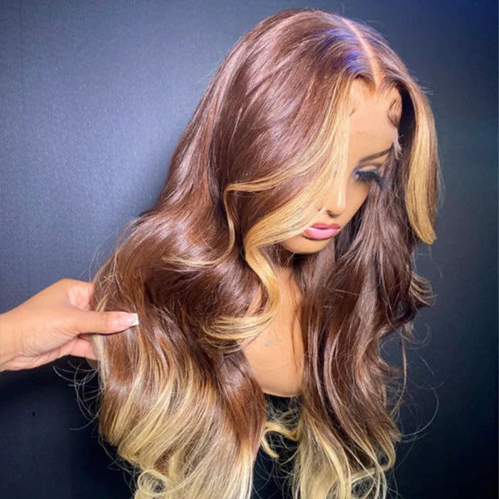 T4/27 Ombre Wigs with Blonde Skunk Stripe Body Wave 13*4/4*4 Lace Front Wig Ombre Blonde Highlight Human Hair Wigs 7 T4/27 Ombre Wigs with Blonde Skunk Stripe Body Wave 13*4/4*4 Lace Front Wig Ombre Blonde Highlight Human Hair Wigs - Image 5