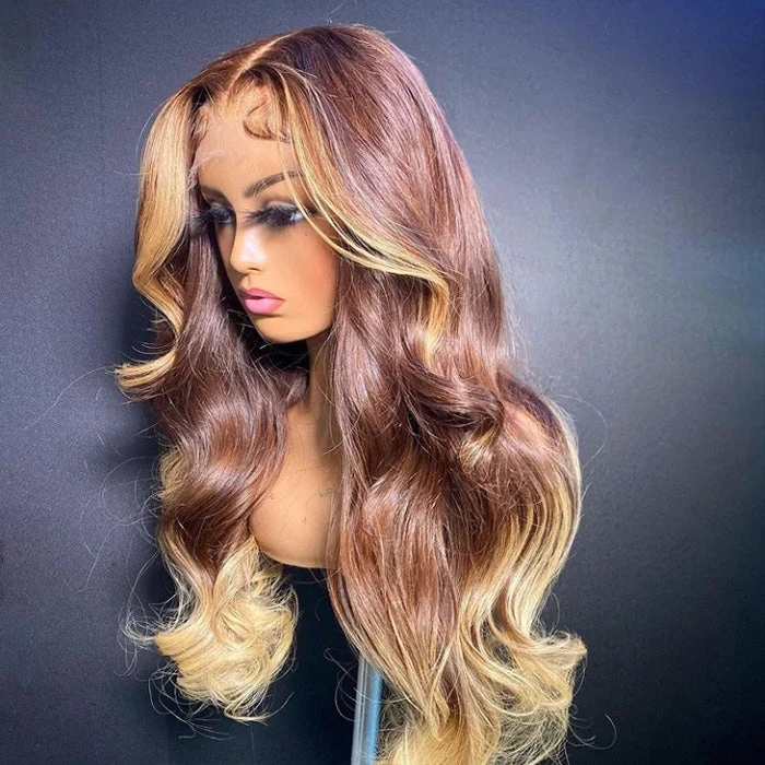 T4/27 Ombre Wigs with Blonde Skunk Stripe Body Wave 13*4/4*4 Lace Front Wig Ombre Blonde Highlight Human Hair Wigs 8 T4/27 Ombre Wigs with Blonde Skunk Stripe Body Wave 13*4/4*4 Lace Front Wig Ombre Blonde Highlight Human Hair Wigs - Image 6