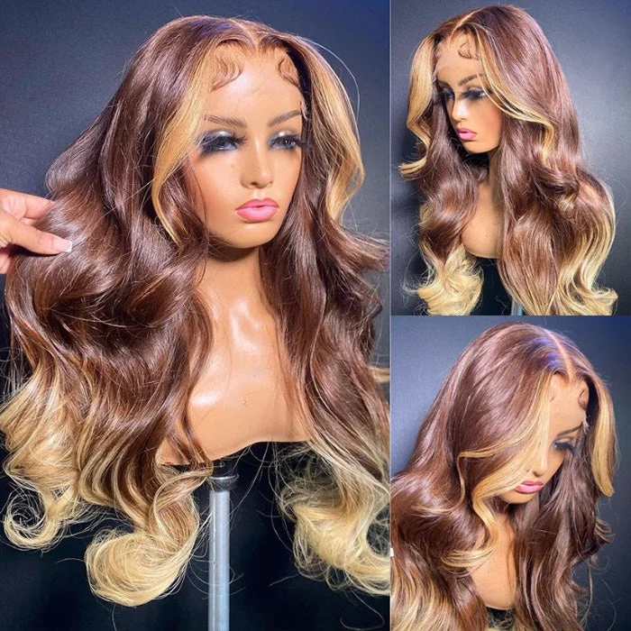T4/27 Ombre Wigs with Blonde Skunk Stripe Body Wave 13*4/4*4 Lace Front Wig Ombre Blonde Highlight Human Hair Wigs 4 T4/27 Ombre Wigs with Blonde Skunk Stripe Body Wave 13*4/4*4 Lace Front Wig Ombre Blonde Highlight Human Hair Wigs - Image 2