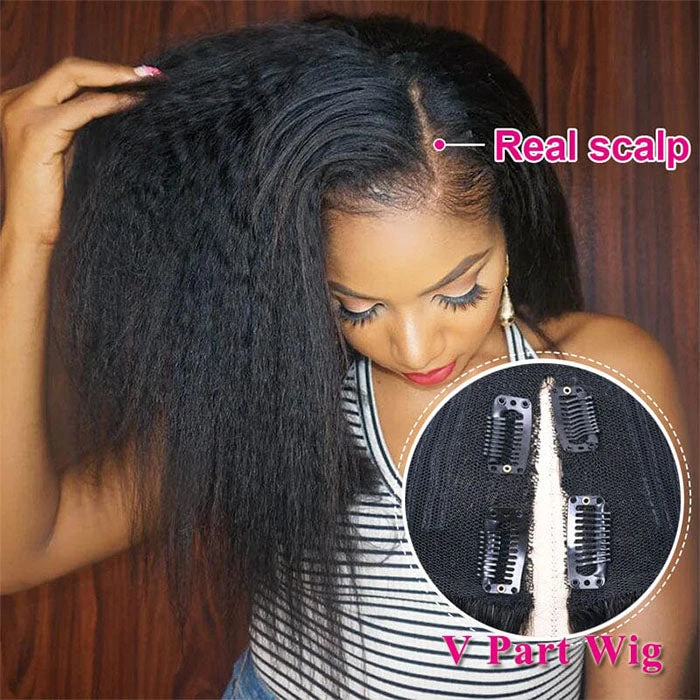 V/U Part Wig Natural Kinky Straight Glueless Wigs 100% Human Hair Meets Real Scalp Natural Density 7 V/U Part Wig Natural Kinky Straight Glueless Wigs 100% Human Hair Meets Real Scalp Natural Density - Image 5