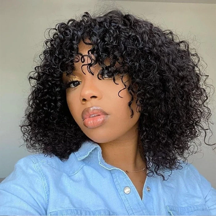 Curly Short Bob Wig With Bangs None Lace Full Machinemade Human Hair Wigs Glueless Beginner Friendly 4 Curly Short Bob Wig With Bangs None Lace Full Machinemade Human Hair Wigs Glueless Beginner Friendly - Image 2