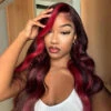 Black Wig With 99J Burgundy Highlight Mixed Colored 13*4/5x5 HD Lace Front Wigs Money Piece Hair 1 Black Wig With 99J Burgundy Highlight Mixed Colored 13*4/5x5 HD Lace Front Wigs Money Piece Hair -Ethereal Hair Shop black hair with red highlights skunk stripe wig