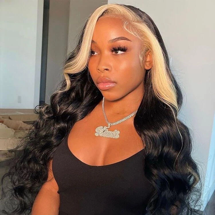 Skunk Stripe Wig With Honey Blonde Highlights Body Wave 13*4 Human Hair Lace Frontal Wig 5 Skunk Stripe Wig With Honey Blonde Highlights Body Wave 13*4 Human Hair Lace Frontal Wig - Image 3