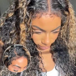 4C Edges Highlight Curly Wig Pre Bleached Knots HD Lace Front Wig Ready Go Glueless Wigs -Ethereal Hair Shop blonde highlight curly wigs BeigeOjai 1