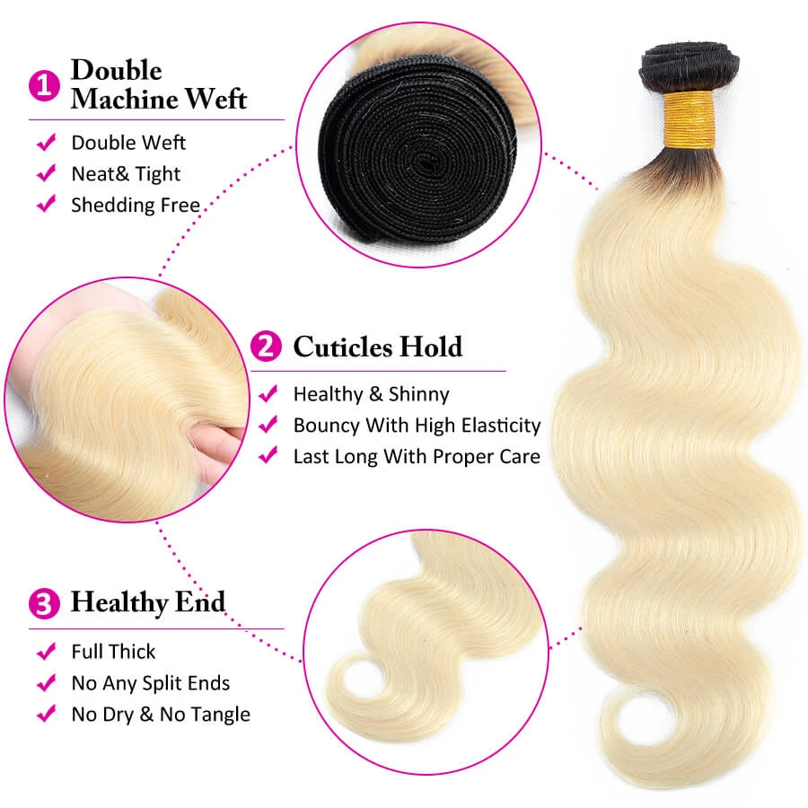 T1b/613 Ombre Blonde Human Hair Weave Brazilian Body Wave 3 Bundles 4 T1b/613 Ombre Blonde Human Hair Weave Brazilian Body Wave 3 Bundles - Image 2