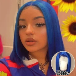 Colorful Straight Bob Wig Human Hair 13x4 Pre Plucked Glueless Bob Lace Front Human Hair Wig -Ethereal Hair Shop bluebobwig