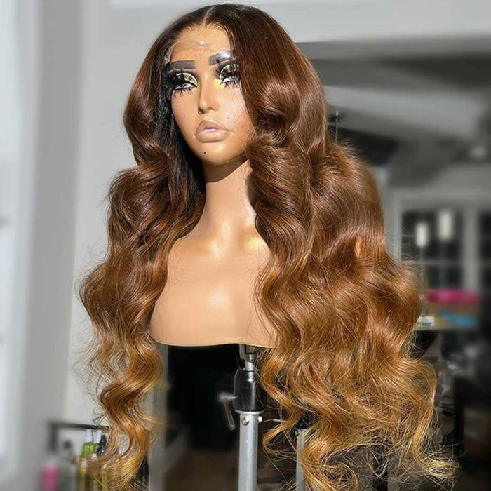 T4/27 Ombre Brown Body Wave Frontal Wigs Glueless 13x6 5x5 HD Lace Front Human Hair Wigs 5 T4/27 Ombre Brown Body Wave Frontal Wigs Glueless 13x6 5x5 HD Lace Front Human Hair Wigs - Image 3