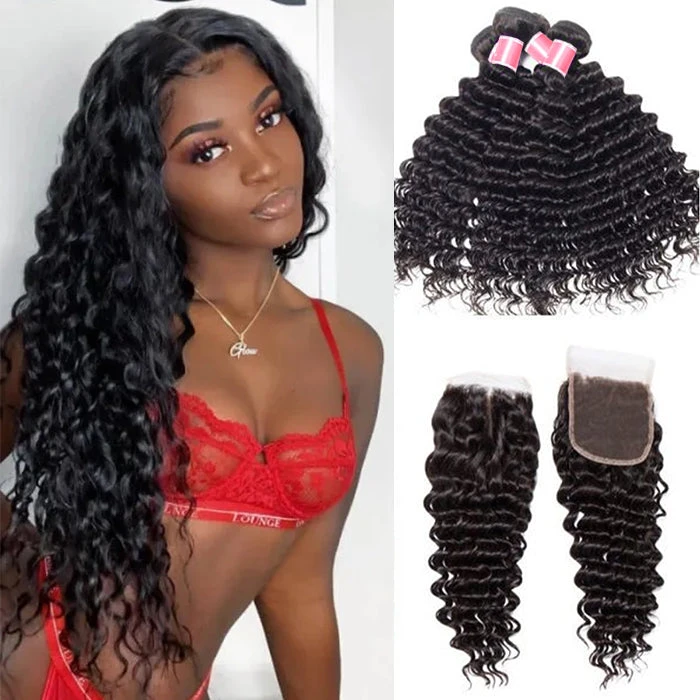 Brazilian Deep Wave 4 Bundles With 4*4 Lace Closure Virgin Human Hair 3 Brazilian Deep Wave 4 Bundles With 4*4 Lace Closure Virgin Human Hair