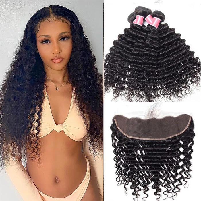 Brazilian Deep Wave 4 Bundles With 13*4 Lace Frontal Virgin Human Hair 3 Brazilian Deep Wave 4 Bundles With 13*4 Lace Frontal Virgin Human Hair
