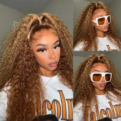 Highlight Curly Lace Front Wigs #4/27 Color Brazilian Remy Human Hair Wig Pre Plucked -Ethereal Hair Shop highlight curly wigs