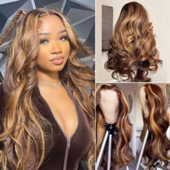 4/27 Highlights Honey Blonde Wig 13*4 HD Lace Front Human Hair Colored Wigs For Women 15 4/27 Highlights Honey Blonde Wig 13*4 HD Lace Front Human Hair Colored Wigs For Women -Ethereal Hair Shop highlight deep wave lace wig 10