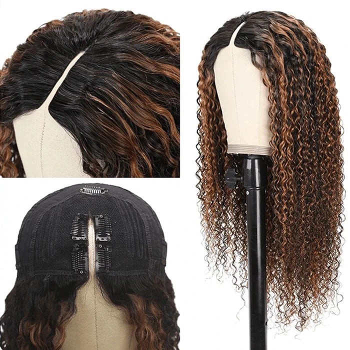 V/U Part Wig Curly Balayage Highlight Color Wigs Human Hair Beginner Friendly No Lace 6 V/U Part Wig Curly Balayage Highlight Color Wigs Human Hair Beginner Friendly No Lace - Image 4