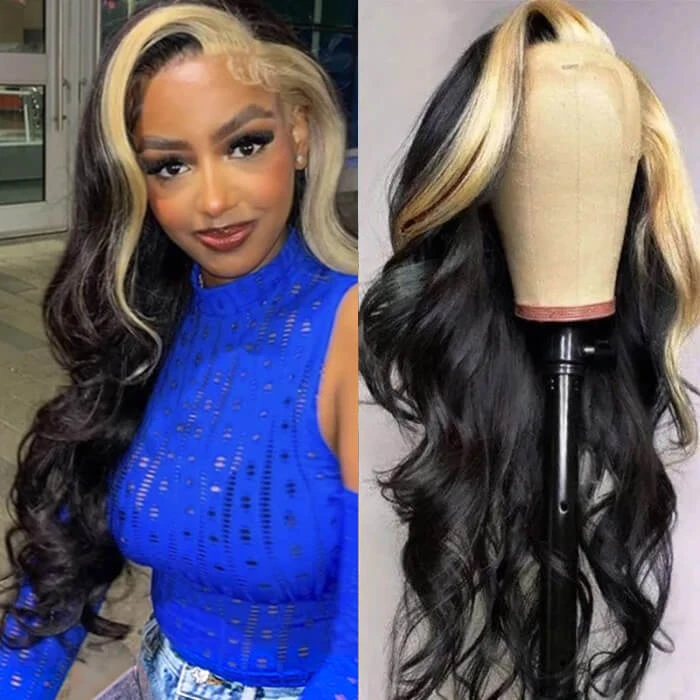 Skunk Stripe Wig With Honey Blonde Highlights Body Wave 13*4 Human Hair Lace Frontal Wig 3 Skunk Stripe Wig With Honey Blonde Highlights Body Wave 13*4 Human Hair Lace Frontal Wig