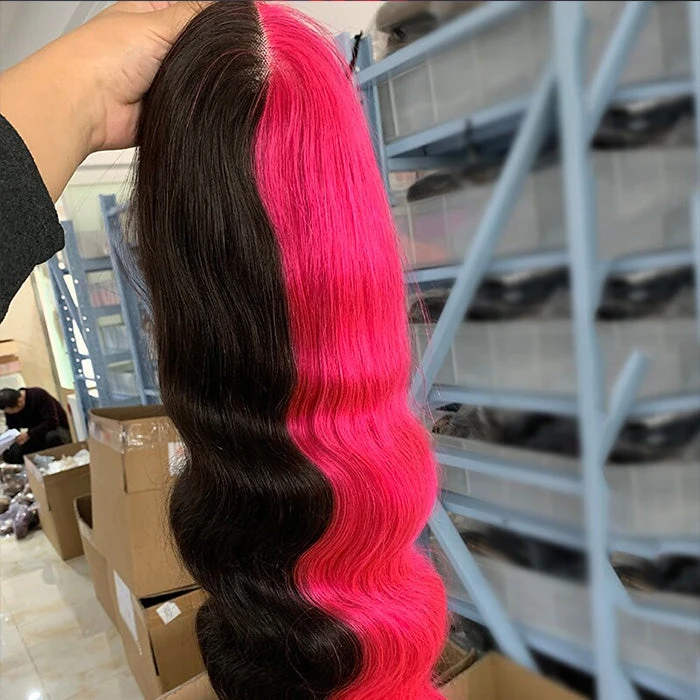 Half Rose Pink Half Black Color Body Wave Wigs 13x4 HD Lace Frontal Wig Human Hair 6 Half Rose Pink Half Black Color Body Wave Wigs 13x4 HD Lace Frontal Wig Human Hair - Image 4