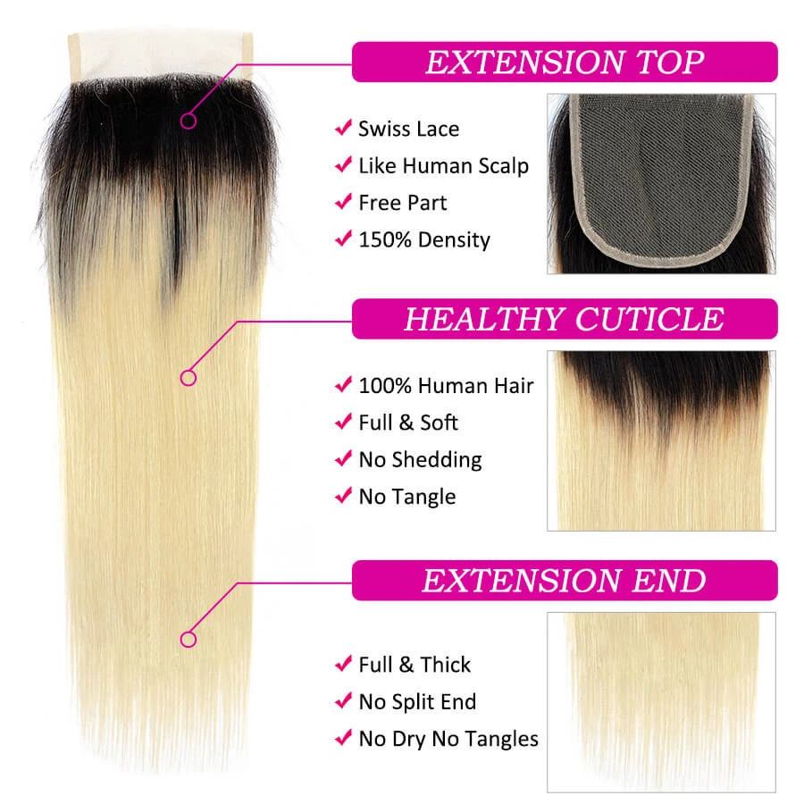 Ombre T1B/613 Blonde Brazilian Straight Hair 3 Bundles With 4*4 Closure Virgin Human Hair 6 Ombre T1B/613 Blonde Brazilian Straight Hair 3 Bundles With 4*4 Closure Virgin Human Hair - Image 4