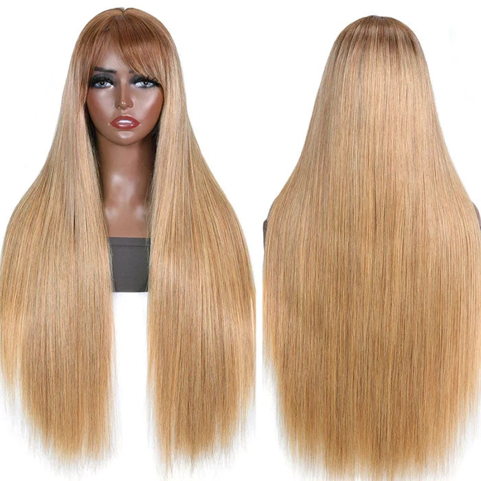 Ombre Blonde Silky Straight 13x4 Lace Front Wigs/Full Machine Made Wig With Brown Bangs 4 Ombre Blonde Silky Straight 13x4 Lace Front Wigs/Full Machine Made Wig With Brown Bangs - Image 2