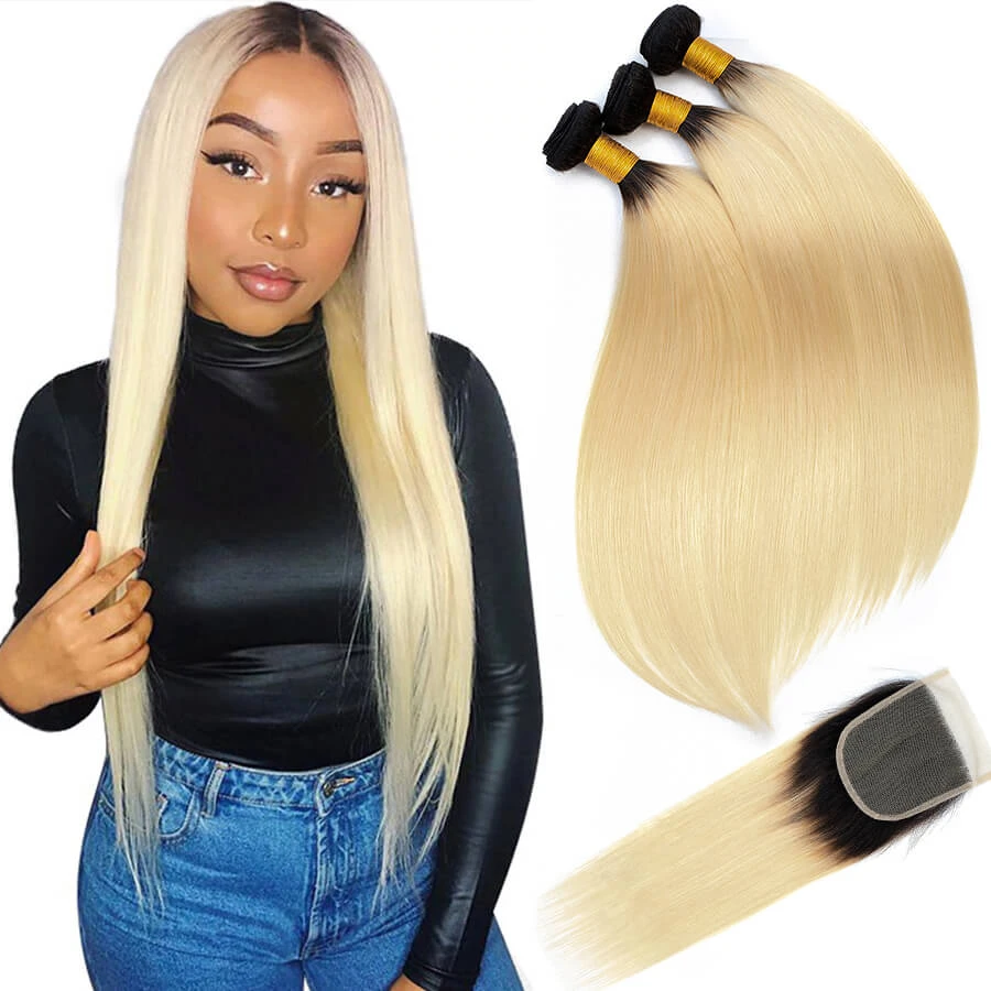Ombre T1B/613 Blonde Brazilian Straight Hair 3 Bundles With 4*4 Closure Virgin Human Hair 3 Ombre T1B/613 Blonde Brazilian Straight Hair 3 Bundles With 4*4 Closure Virgin Human Hair