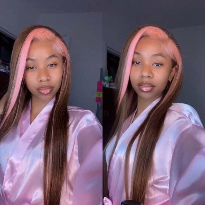 Strawberry Pink & Chocolate Skunk Stripe Color Wig Straight And Body Wave 13*4 Lace Front Wig 9 Strawberry Pink & Chocolate Skunk Stripe Color Wig Straight And Body Wave 13*4 Lace Front Wig - Image 7
