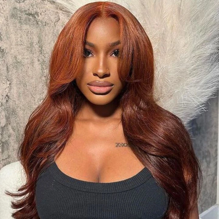 #33 Reddish Brown Curtain Bangs Wigs 13x4 HD Lace Front Human Hair Wig 6 #33 Reddish Brown Curtain Bangs Wigs 13x4 HD Lace Front Human Hair Wig - Image 4
