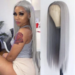 Sliver Gray Color Silky Straight 13x6/5*5 Lace Front Pre Plucked Human Hair Wigs For Women 13 Sliver Gray Color Silky Straight 13x6/5*5 Lace Front Pre Plucked Human Hair Wigs For Women -Ethereal Hair Shop silver gray straight human hair wig