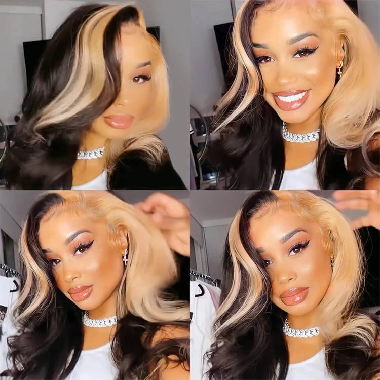 Skunk Stripe Wig With Honey Blonde Highlights Body Wave 13*4 Human Hair Lace Frontal Wig 12 Skunk Stripe Wig With Honey Blonde Highlights Body Wave 13*4 Human Hair Lace Frontal Wig - Image 10