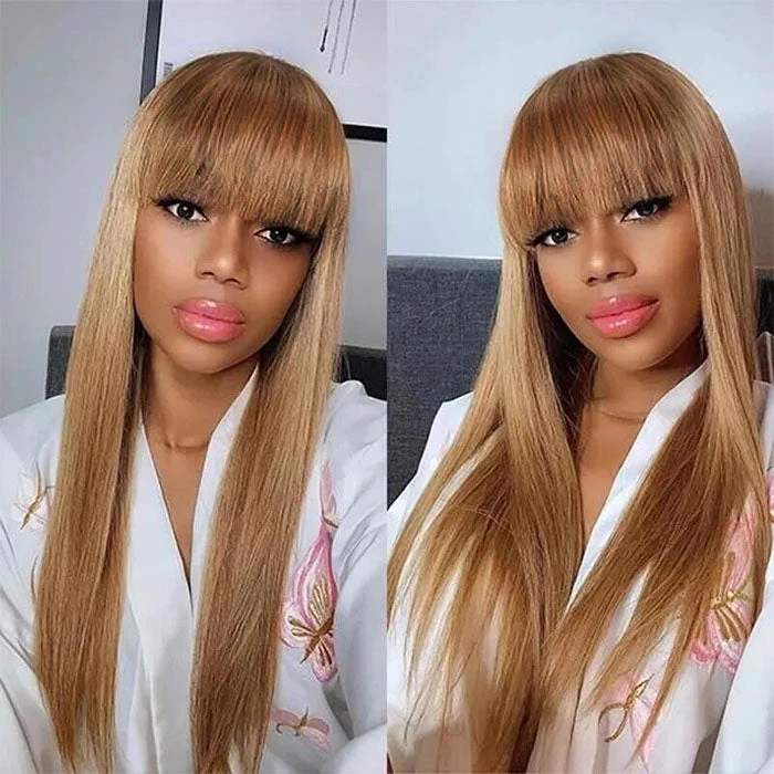 Ombre Blonde Silky Straight 13x4 Lace Front Wigs/Full Machine Made Wig With Brown Bangs 3 Ombre Blonde Silky Straight 13x4 Lace Front Wigs/Full Machine Made Wig With Brown Bangs