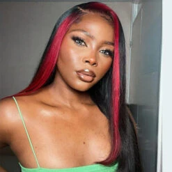 Hot Pink Skunk Stripe Colored Human Hair Wigs Straight 13x4 5*5 HD Lace Frontal Wig Money Piece Hair -Ethereal Hair Shop straight2