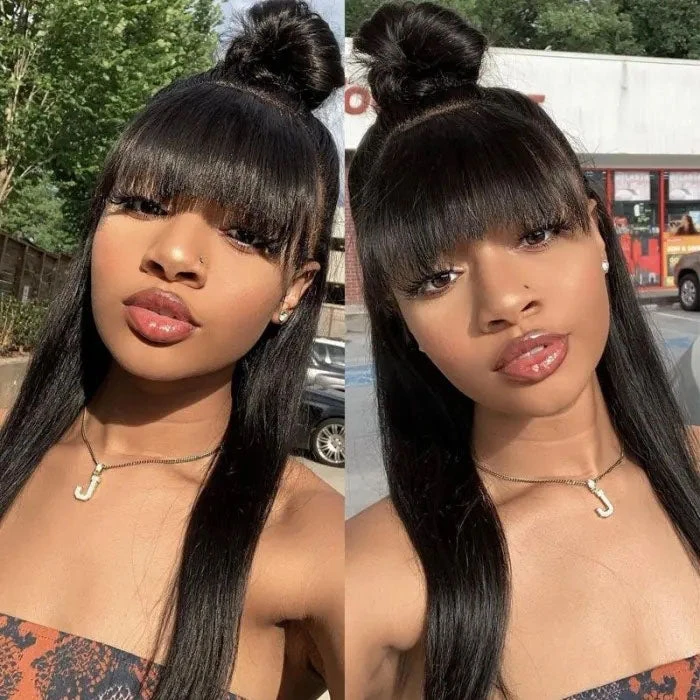 Glueless Human Hair Wigs With Bangs For Black Women Straight 2x4 HD Lace Wigs With Bangs 3 Glueless Human Hair Wigs With Bangs For Black Women Straight 2x4 HD Lace Wigs With Bangs