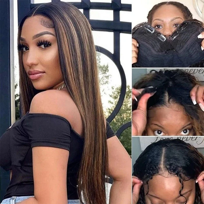 Hot Highlight Balayage Straight V/U Part Wig No Leave Out Glueless Human Hair Wigs Beginner Friendly 4 Hot Highlight Balayage Straight V/U Part Wig No Leave Out Glueless Human Hair Wigs Beginner Friendly - Image 2