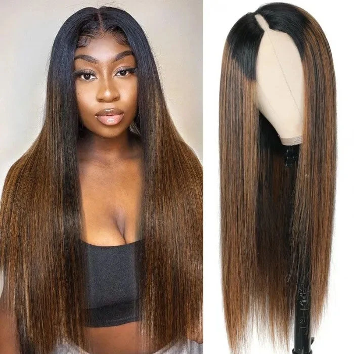 Hot Highlight Balayage Straight V/U Part Wig No Leave Out Glueless Human Hair Wigs Beginner Friendly 3 Hot Highlight Balayage Straight V/U Part Wig No Leave Out Glueless Human Hair Wigs Beginner Friendly