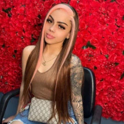 Strawberry Pink & Chocolate Skunk Stripe Color Wig Straight And Body Wave 13*4 Lace Front Wig 14 Strawberry Pink & Chocolate Skunk Stripe Color Wig Straight And Body Wave 13*4 Lace Front Wig -Ethereal Hair Shop strawberry brown wig