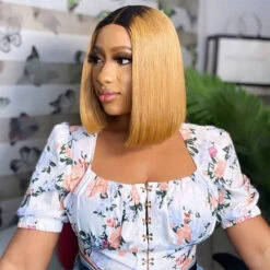 Ombre Honey Blonde Straight Hair Glueless 13x4 Lace Front Bob Wigs -Ethereal Hair Shop t1b 27bob 7