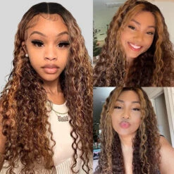 Deep Wave 4/27 Blonde Highlights V/U Part Human Hair Wig Beginner Friendly No Lace Meets Real Scalp -Ethereal Hair Shop v part4 27deepwavehighlight 4