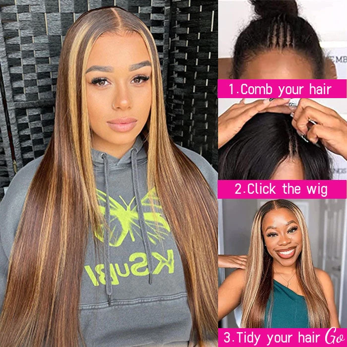 4/27 Blonde Highlight V/U Part Wigs Human Hair Straight V Part Wig Human Hair Minimal Leave Out No Lace 4 4/27 Blonde Highlight V/U Part Wigs Human Hair Straight V Part Wig Human Hair Minimal Leave Out No Lace - Image 2