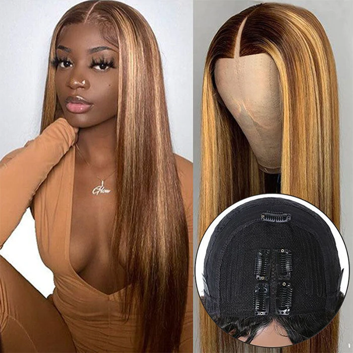 4/27 Blonde Highlight V/U Part Wigs Human Hair Straight V Part Wig Human Hair Minimal Leave Out No Lace 5 4/27 Blonde Highlight V/U Part Wigs Human Hair Straight V Part Wig Human Hair Minimal Leave Out No Lace - Image 3