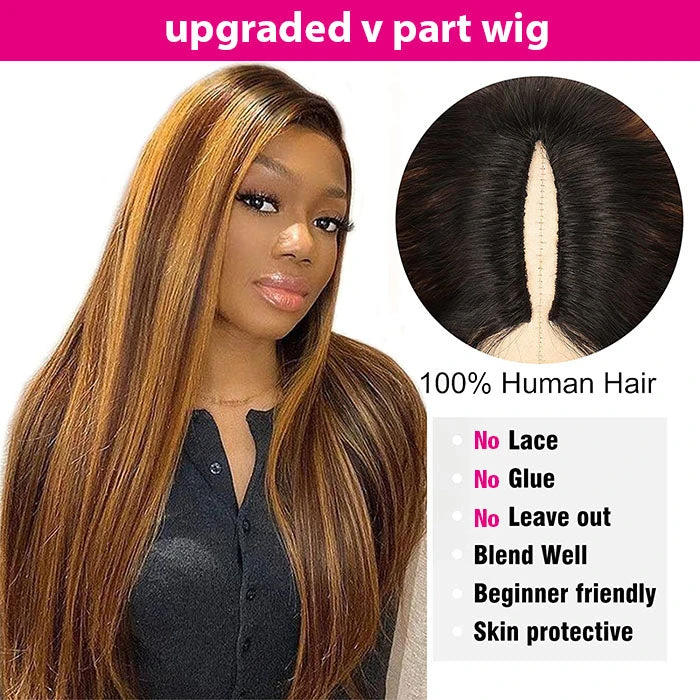 4/27 Blonde Highlight V/U Part Wigs Human Hair Straight V Part Wig Human Hair Minimal Leave Out No Lace 7 4/27 Blonde Highlight V/U Part Wigs Human Hair Straight V Part Wig Human Hair Minimal Leave Out No Lace - Image 5